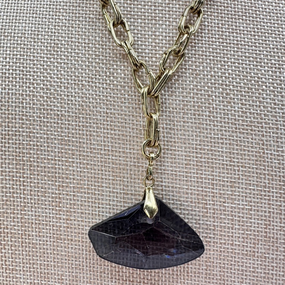 Vintage Y2K Gold Tone Chain Black Cord Smoky Quartz Pendant Necklace Jewelry 90s